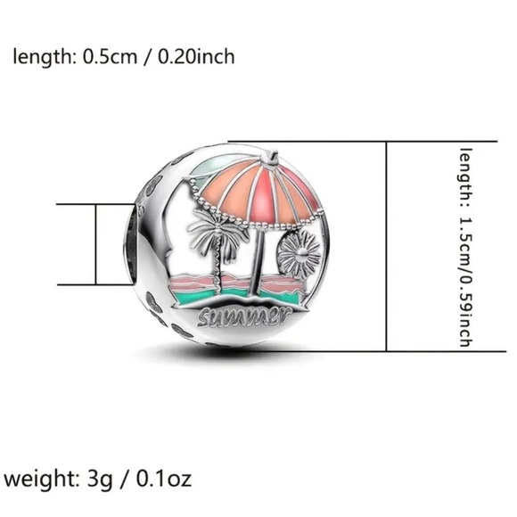 Summer Swim Charm with Palm Tree and Umbrella Design 925 Sterling Silver - Picture 3 of 10